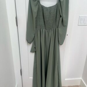 Chic Green Square Neck Bishop Sleeve Jumpsuit